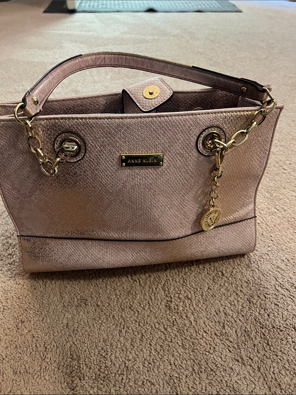 Anne Klein Rose Gold Saffiano Shoulder Bag with Chain Handles